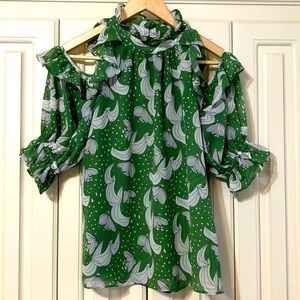 Max Studio Green White XS Shoulder Cut Out Floral Ruffled Blouse
